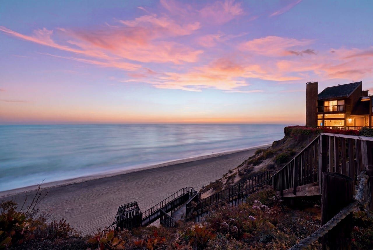 The beach and surf below the bluff at twilight