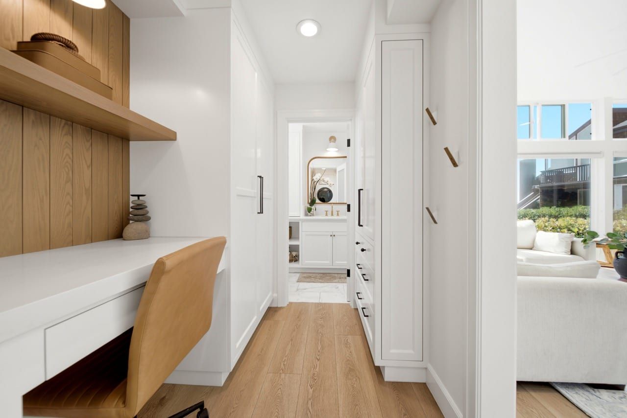 The built-in desk nook, panelled in oak