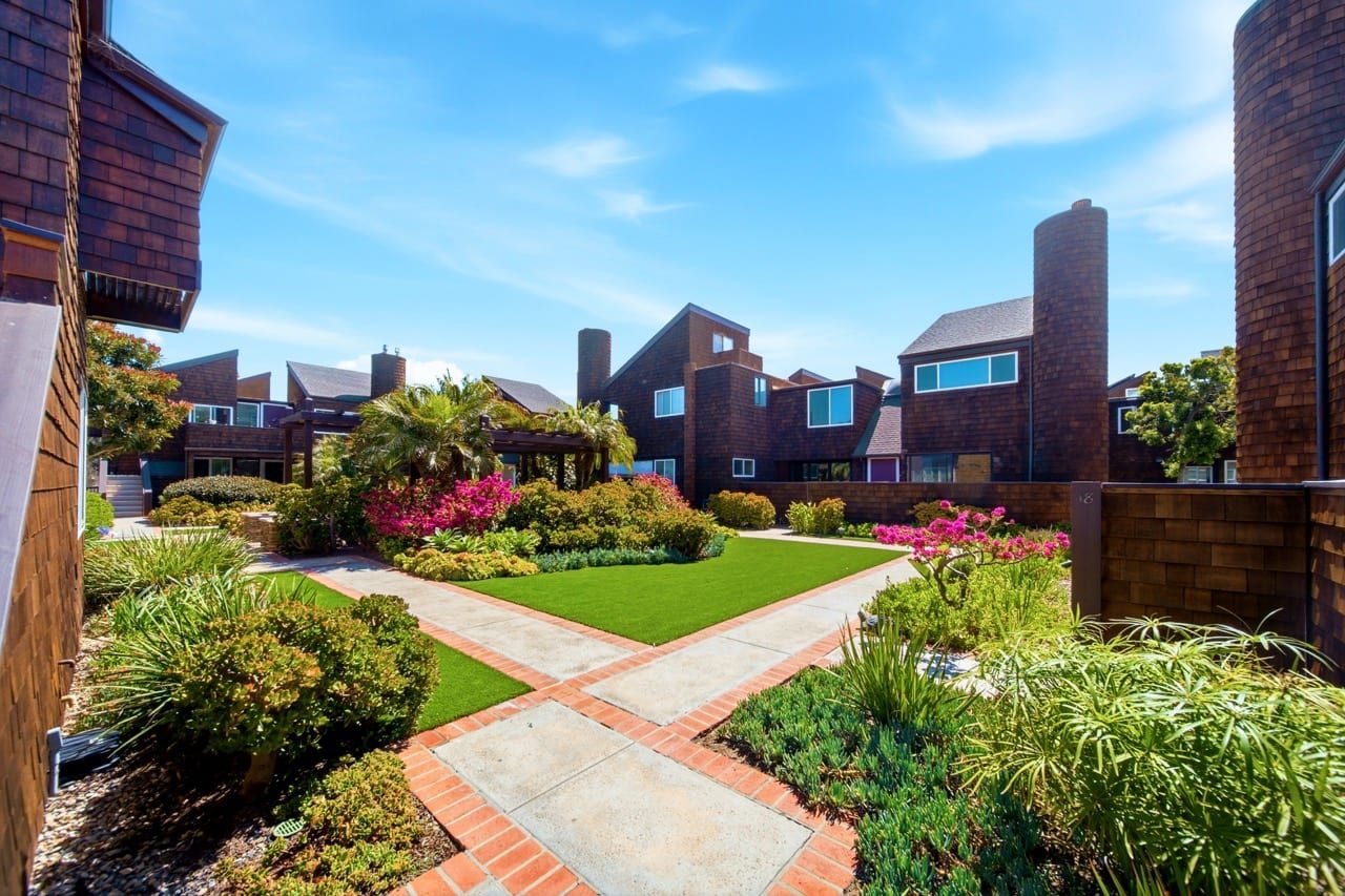 A landscaped courtyard between the buildings