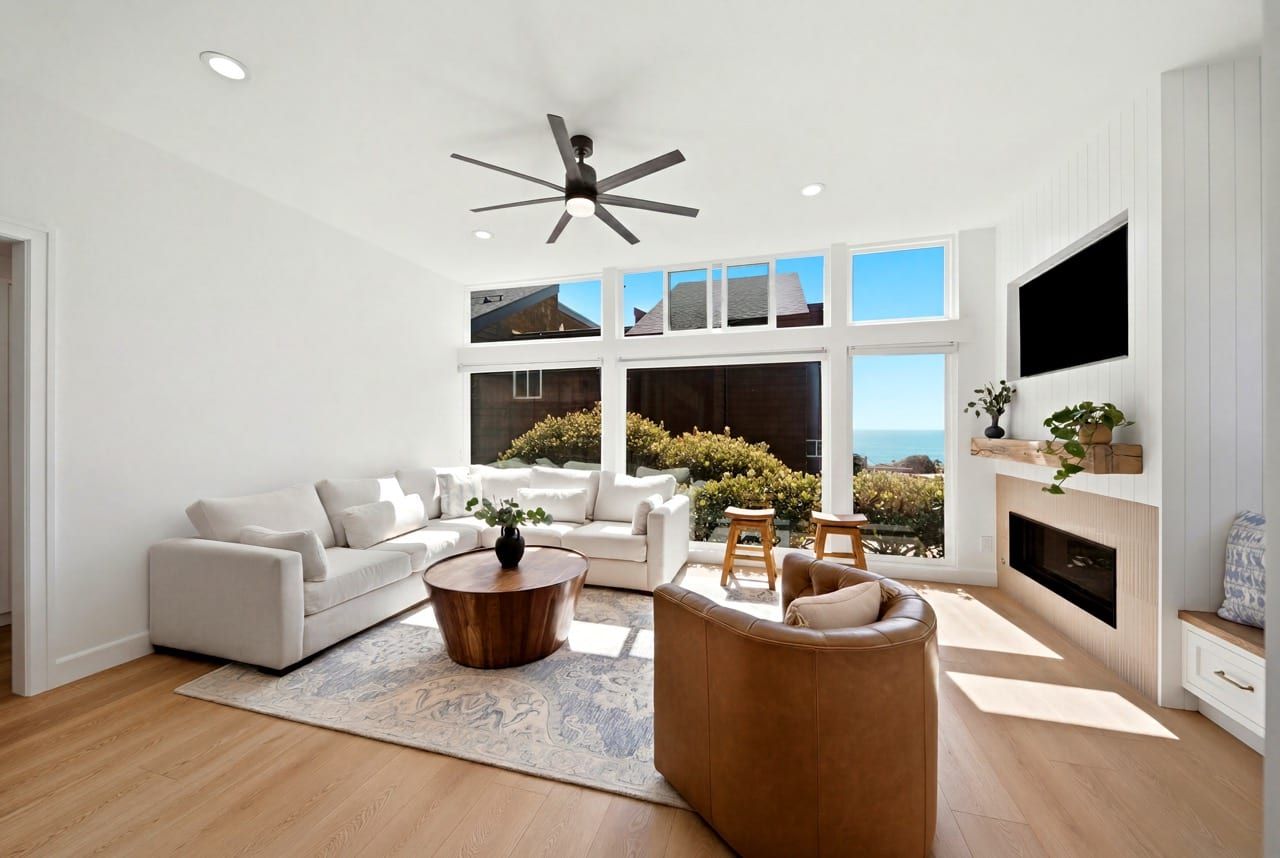 The living room under its vaulted ceiling, with the ocean beyond