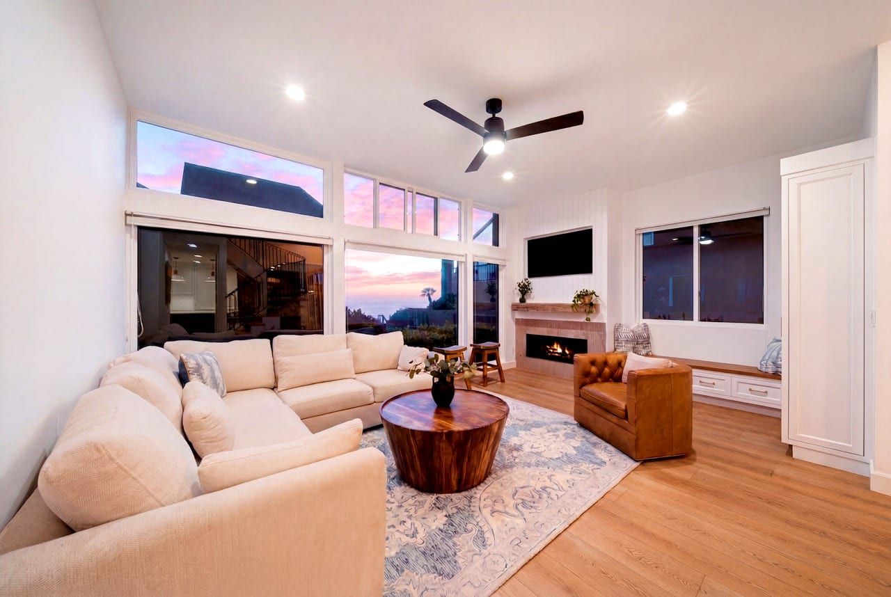 The living room at dusk, the sky turning pink through the windows