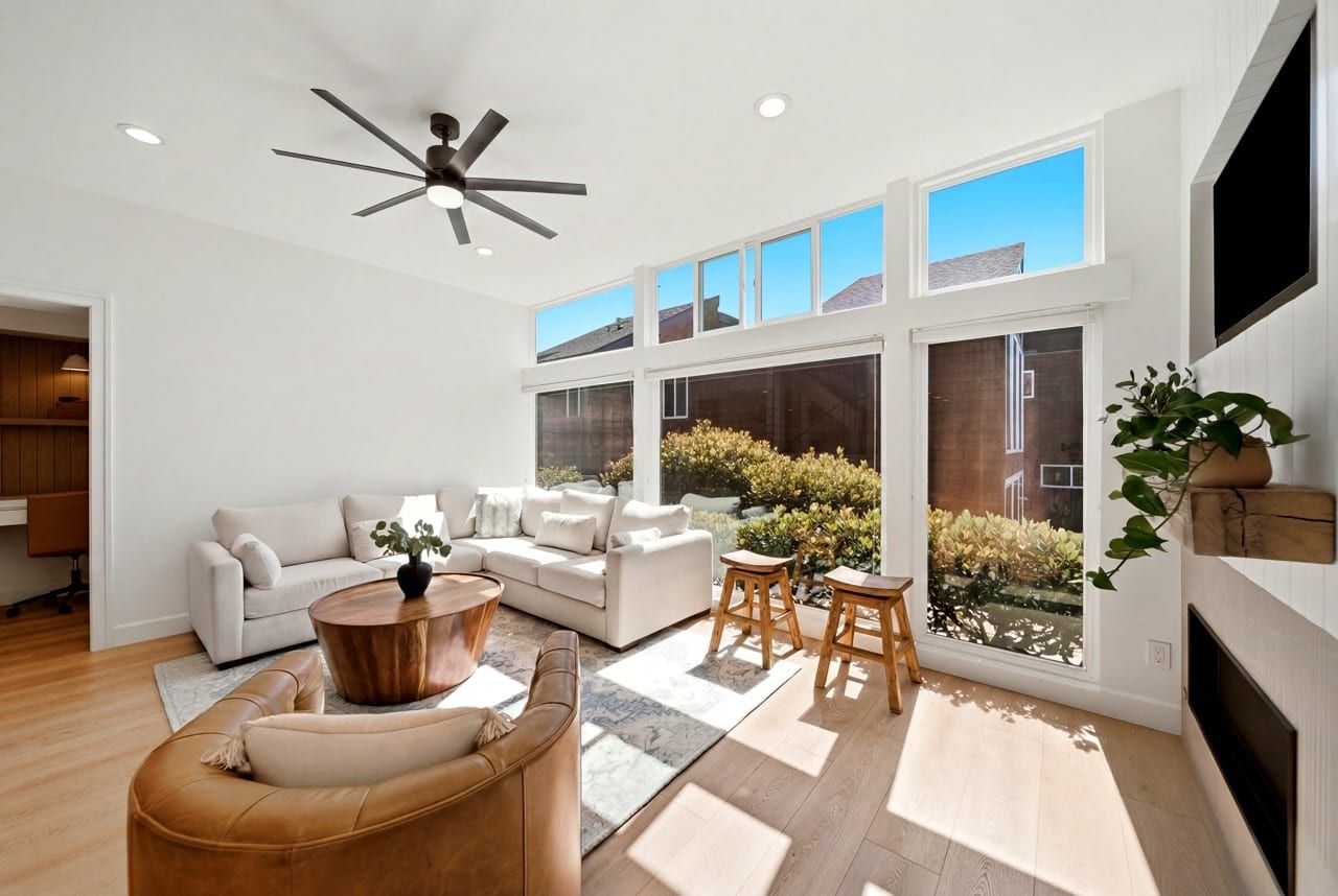 The full width of the living room, looking toward the window seat