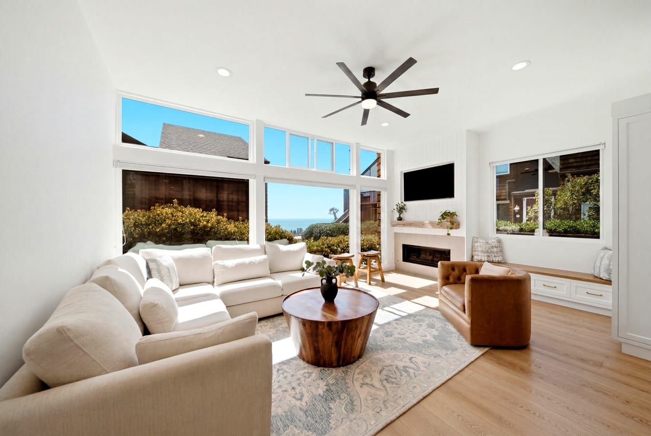 The living room seating area, with clerestory windows above the main glazing