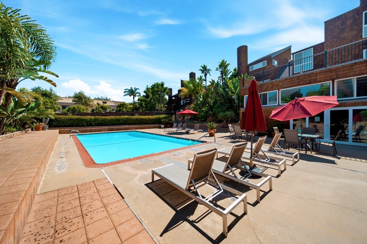 Loungers and umbrellas on the pool deck